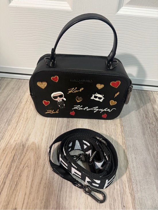 Karl Lagerfeld Handbags - Karl Lagerfeld Black Mini Top-Handle Bag with Heart and Character Patches